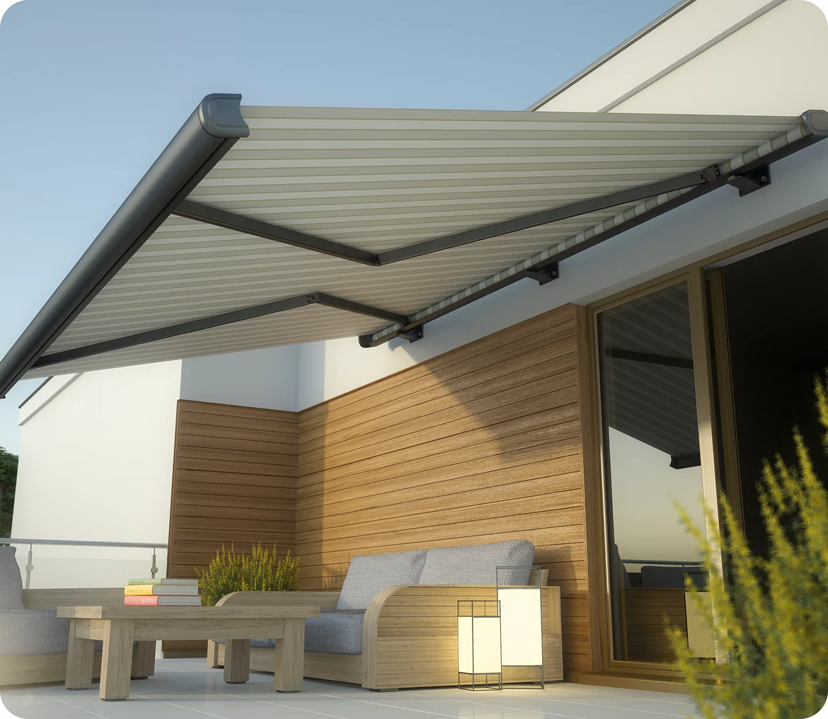 Patio with retractable awning and seating area.