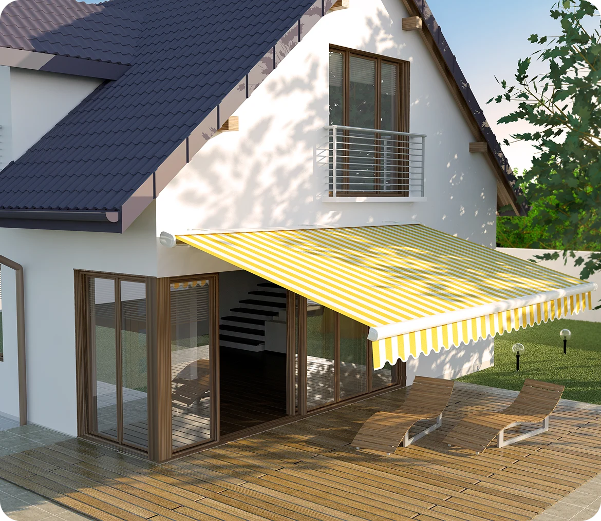 House with yellow striped awning and deck.