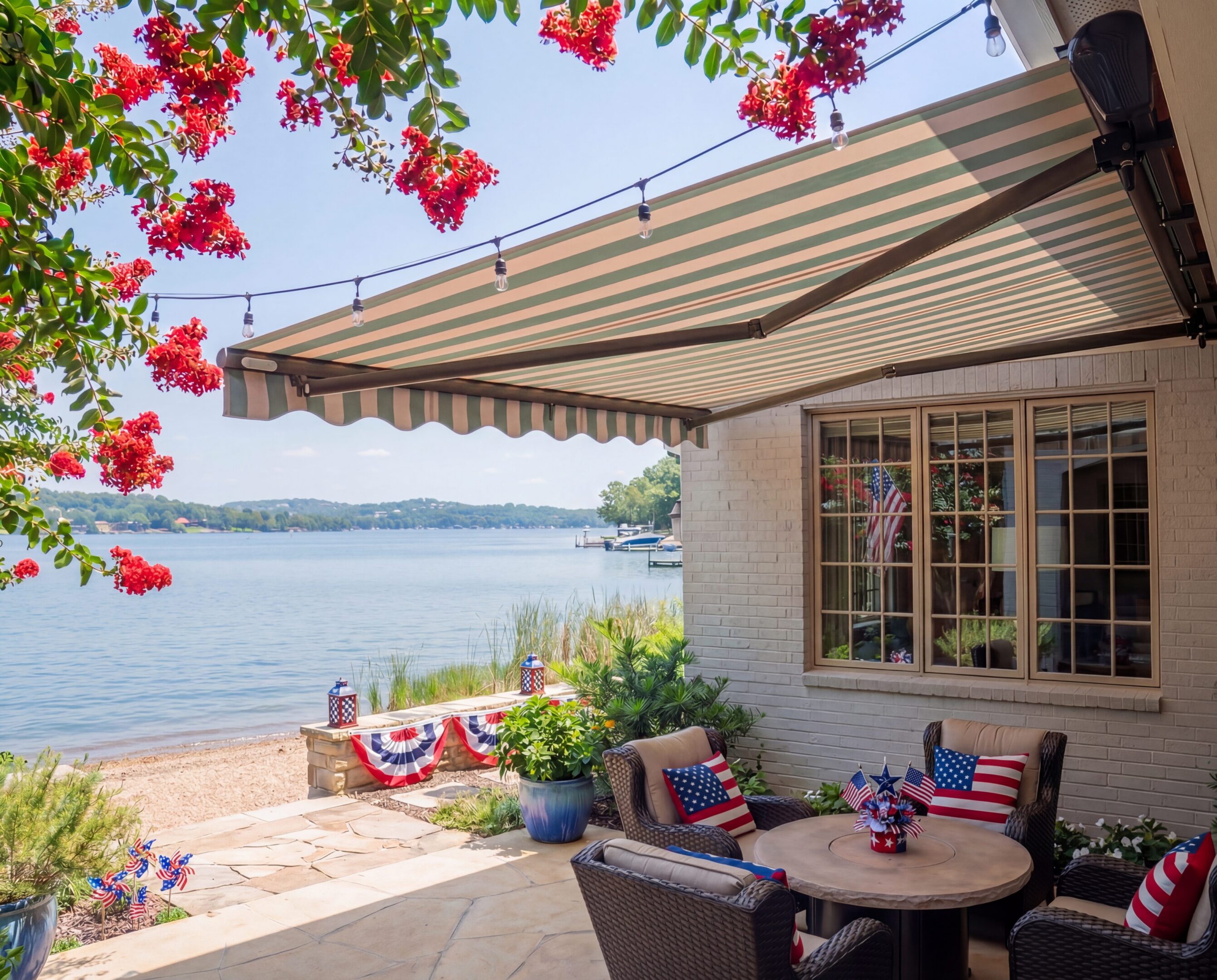 Lakefront patio with striped awning and flags