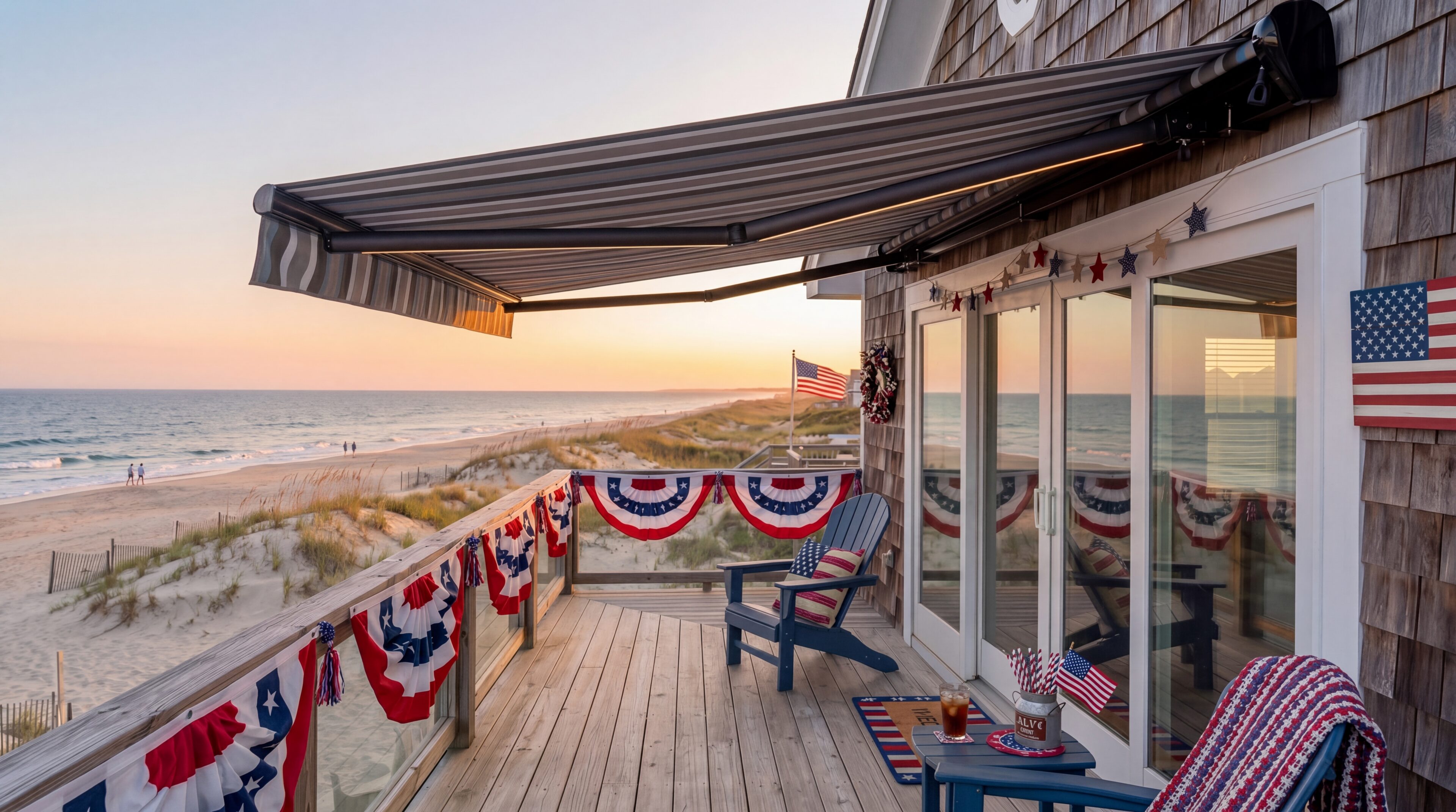 Bunting decorated beach deck with American flags