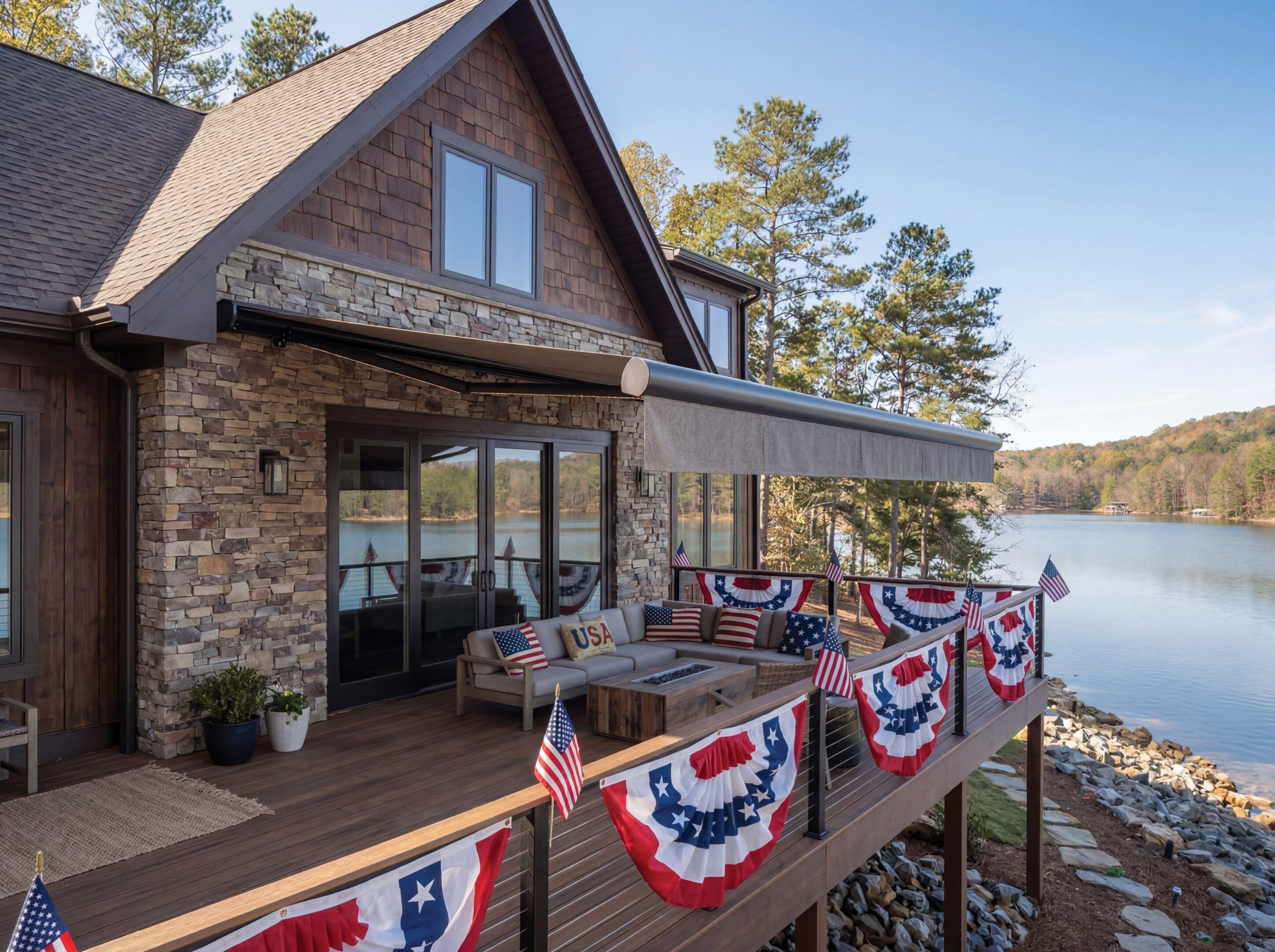 Lakefront deck decorated with American bunting