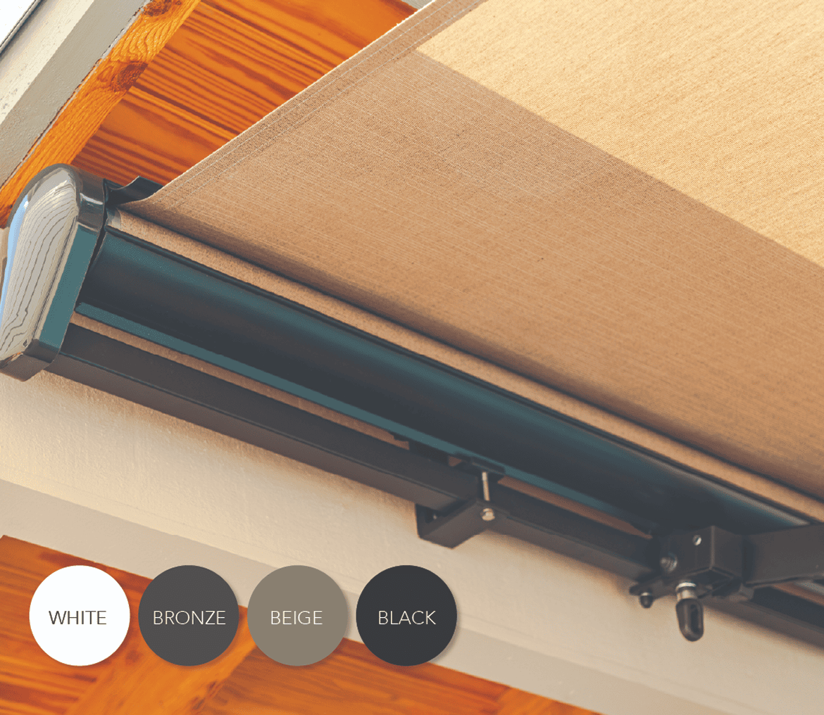 Beige retractable awnings with sleek black metal housing design.